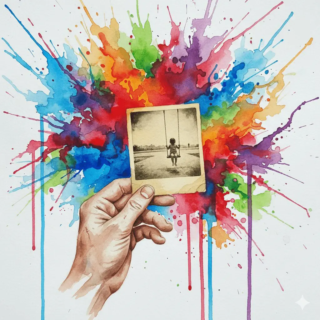 Der Schatten eines einsamen Kindes hat die Form eines erwachsenen Süchtigen, als Symbol dafür, wie die Wunden der Kindheit die Sucht im Erwachsenenalter formen.