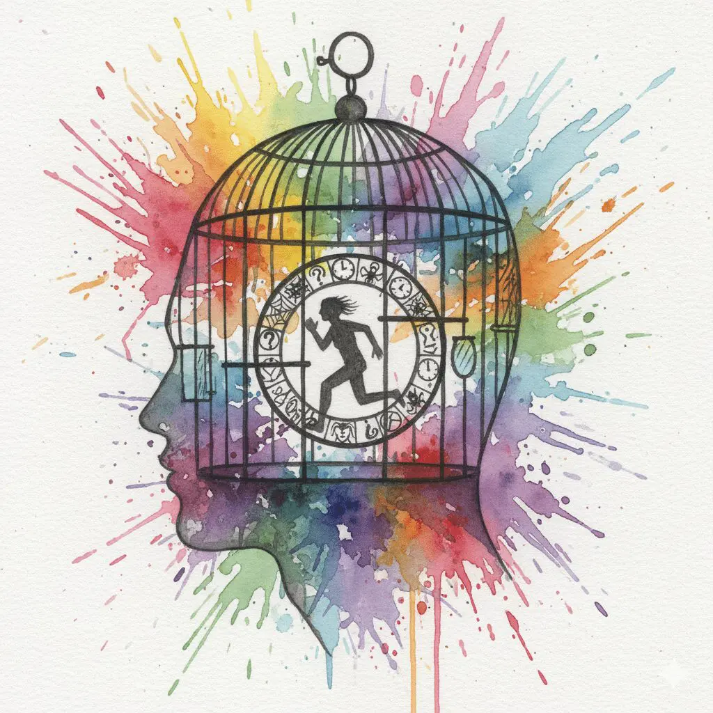 Ein Kopf als Käfig, in dem eine Figur in einem Hamsterrad aus Angst läuft. Symbol für die Endlosschleife aus Zwangsgedanken und Zwangshandlungen bei OCD.