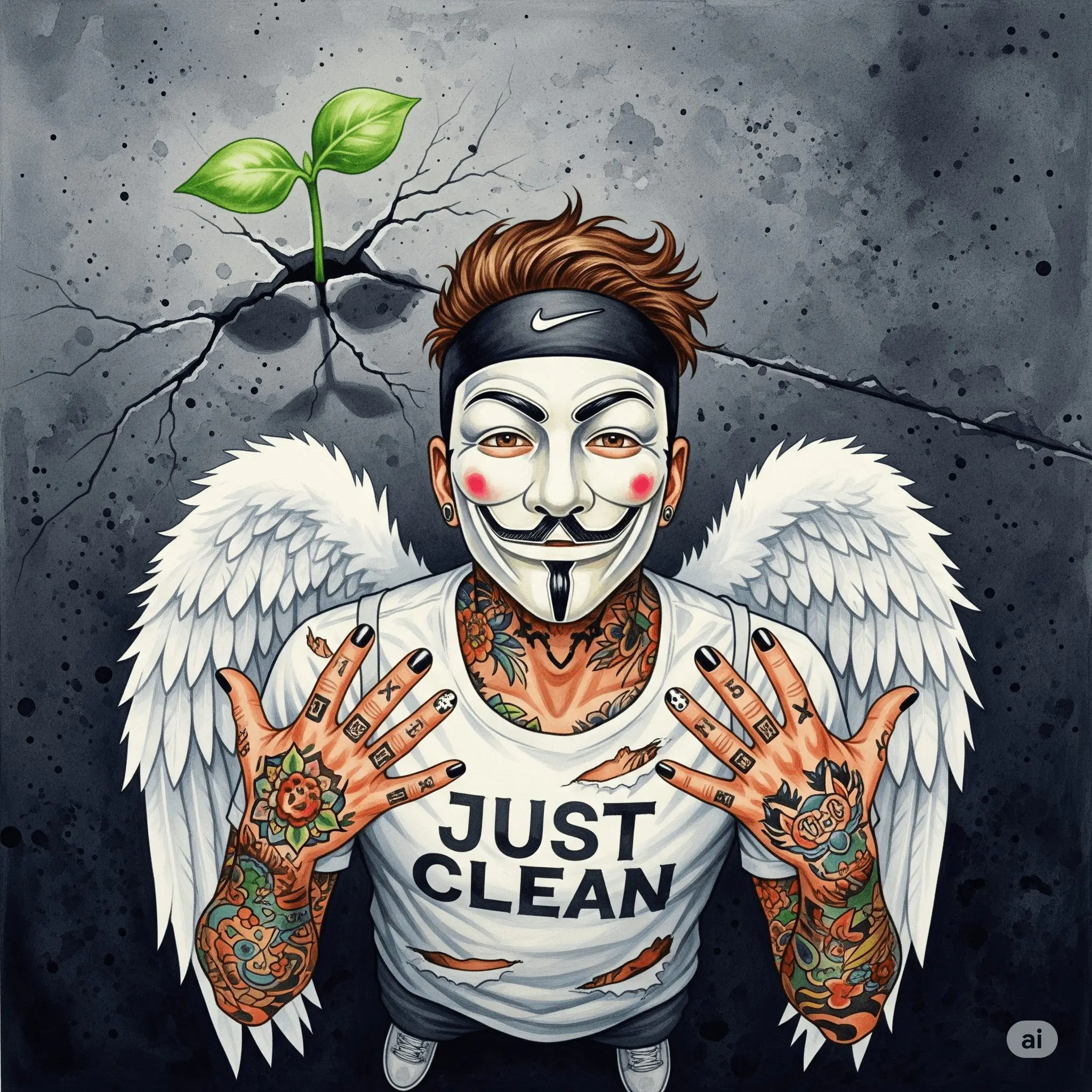 Ein einzelner, grüner Setzling, der durch einen dunklen, rissigen Betonboden bricht. Symbolisiert die Hoffnung und den Willen, selbst unter den härtesten Bedingungen neu anzufangen. "Neuanfang nach Rückfall", "Hoffnung in der Recovery", "wieder aufstehen"