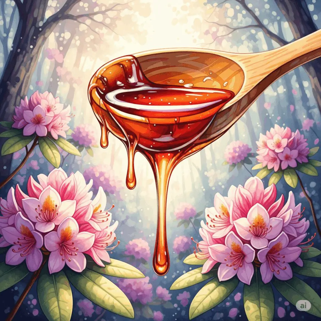 Ein Bild von einem Holzlöffel, von dem dunkler, rötlicher Honig tropft. Im unscharfen Hintergrund sind leuchtende Rhododendron-Blüten zu sehen. Die Szene wirkt natürlich und verlockend, aber auch geheimnisvoll. "Mad Honey", "Deli Bal", "giftiger Honig"