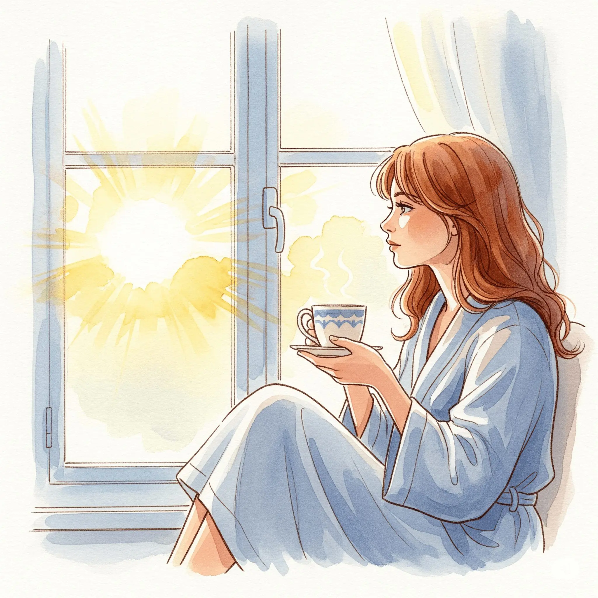 Ein ruhiges Bild, das Hoffnung ausstrahlt. Jemand sitzt mit einer Tasse Tee am Fenster und schaut in die aufgehende Morgensonne. Die Stimmung ist nachdenklich, aber optimistisch. "Neuer Tag clean bleiben", "Morgenroutine Sucht", "Hoffnung Genesung"