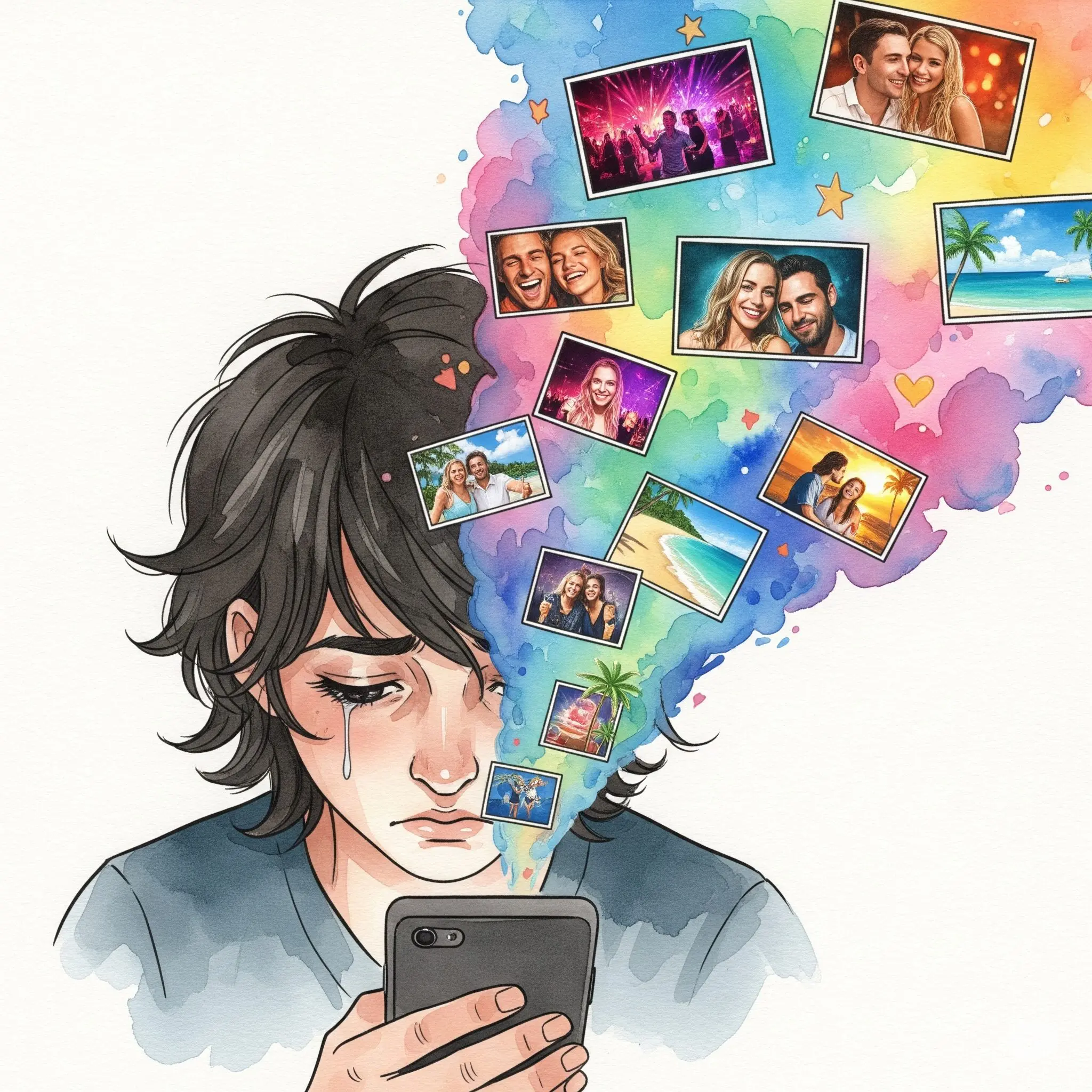 Eine stilisierte Grafik einer Person, die traurig auf ihr Handy schaut. Aus dem Handy strömen glamouröse Bilder von lachenden Paaren, Partys und Traumstränden und bilden eine Art "Wolke" um den Kopf der Person. "sozialer Vergleich Social Media", "Depression durch Instagram", "Unzufriedenheit"