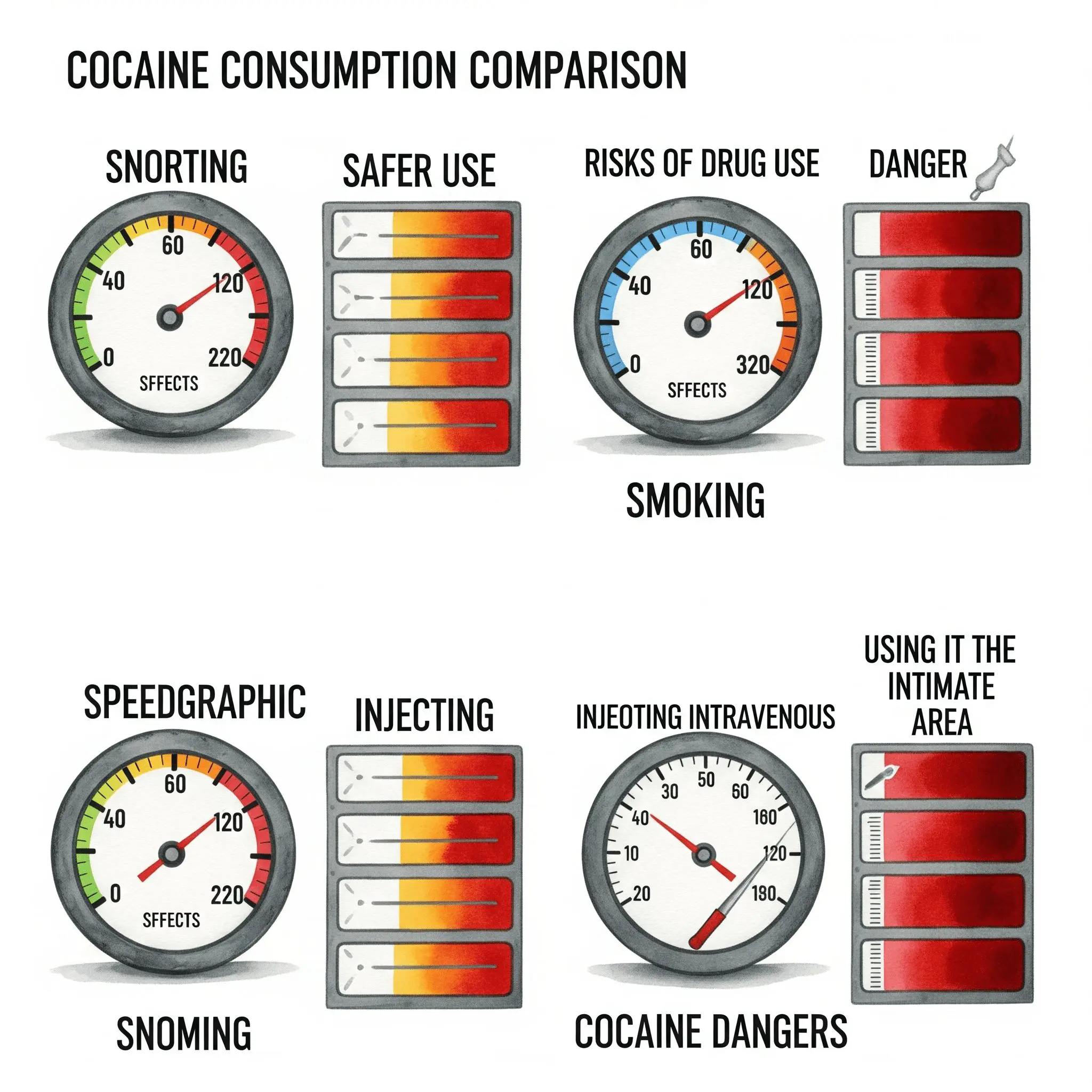 Eine Infografik, die die vier Konsumformen (Nase, Lunge, Vene, Intimbereich) zeigt. Für jede Form gibt es eine "Speed-Anzeige" (Wirkungseintritt) und eine "Gefahren-Anzeige" (Risiko). Bei Rauchen, Spritzen und Intim sind beide Anzeigen im tiefroten Bereich. "Kokain Konsumformen Vergleich", "Safer Use Koks", "Risiken von Drogenkonsum"