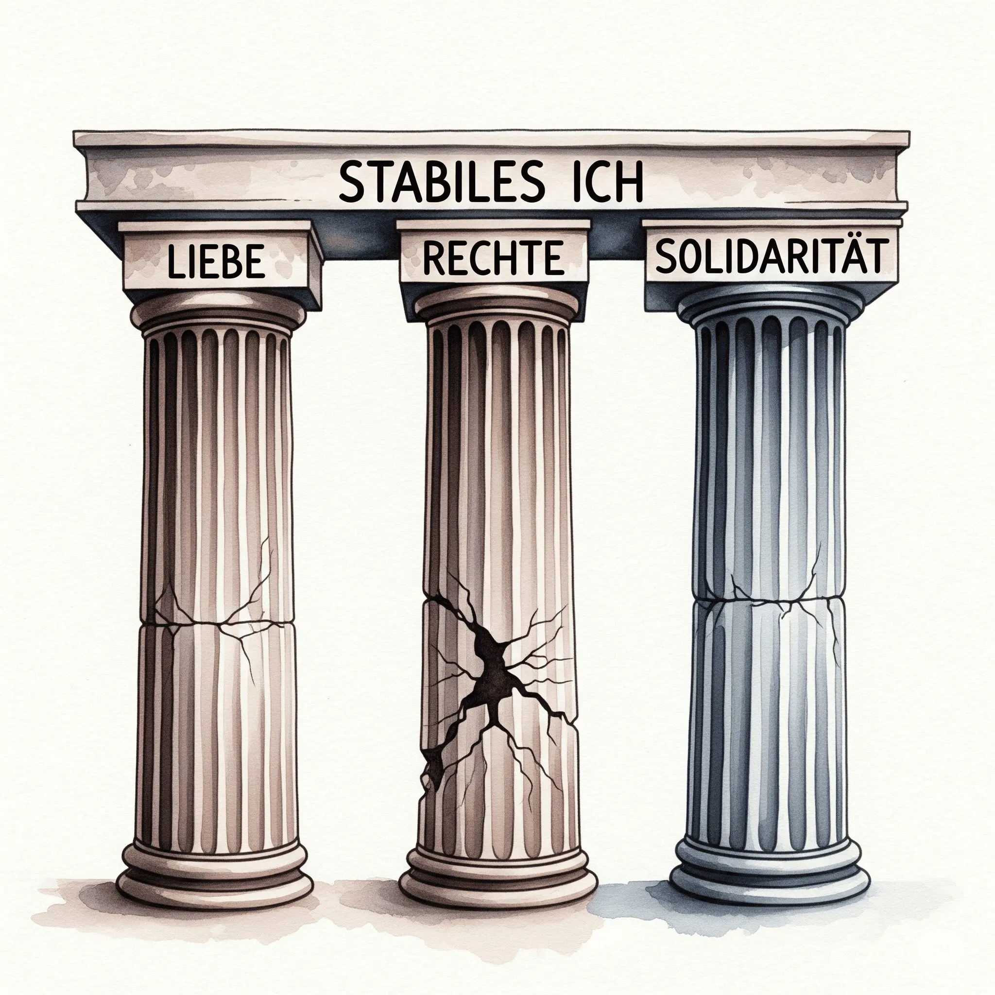 Eine stilisierte Grafik von drei antiken Säulen, beschriftet mit "Liebe", "Rechte" und "Solidarität". Sie tragen eine Plattform mit der Aufschrift "Stabiles Ich". Eine der Säulen ist angebrochen oder bröckelt. "Theorie der Anerkennung", "Selbstwert aufbauen", "psychologische Grundbedürfnisse"