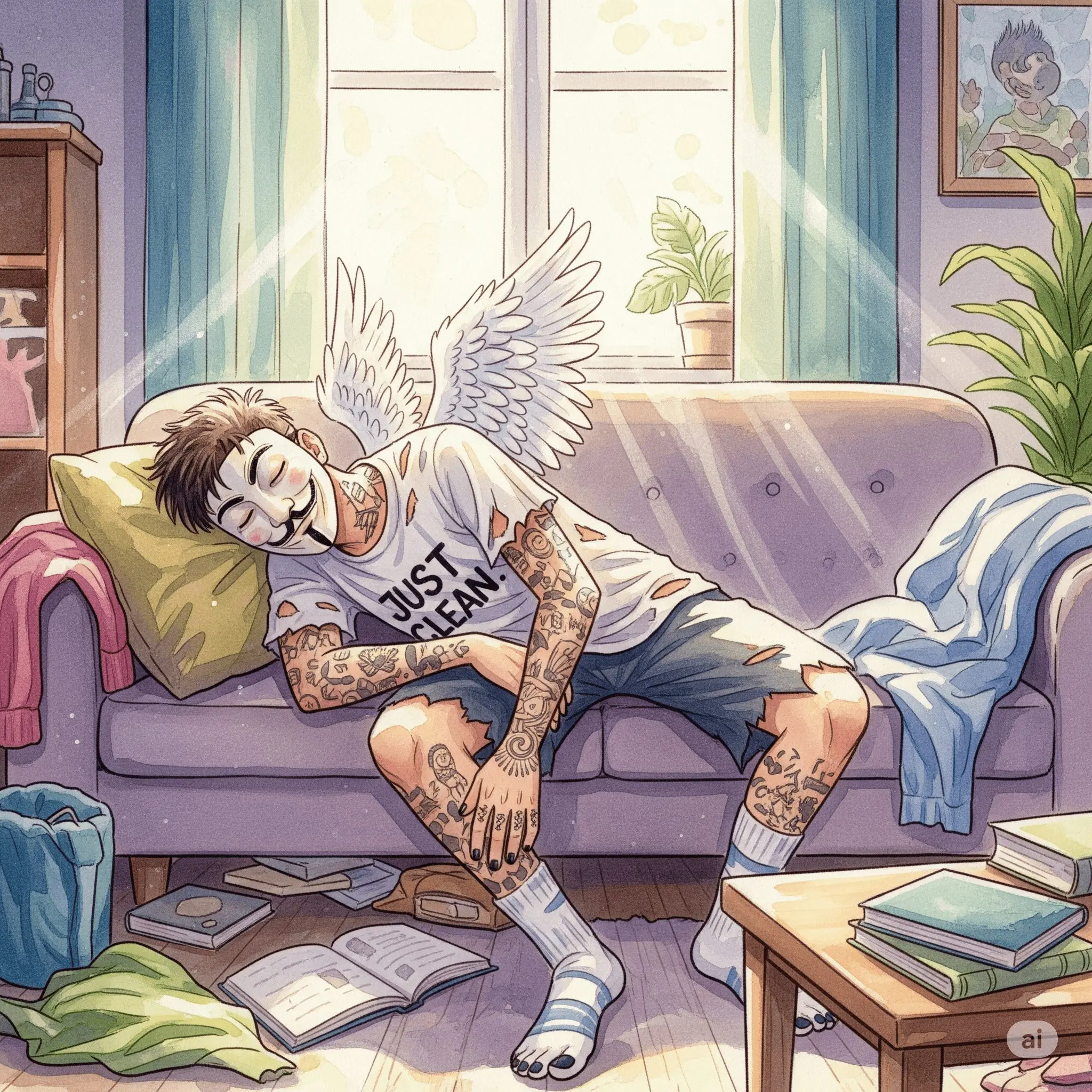 Eine Person, die erschöpft, aber friedlich auf einem Sofa schläft. Das Zimmer ist leicht unordentlich, aber durch das Fenster scheint das erste, sanfte Morgenlicht. Symbolisiert die dringend benötigte Erholung nach dem Absturz "erster Tag clean", "nach dem Rückfall", "Erholung in Recovery"