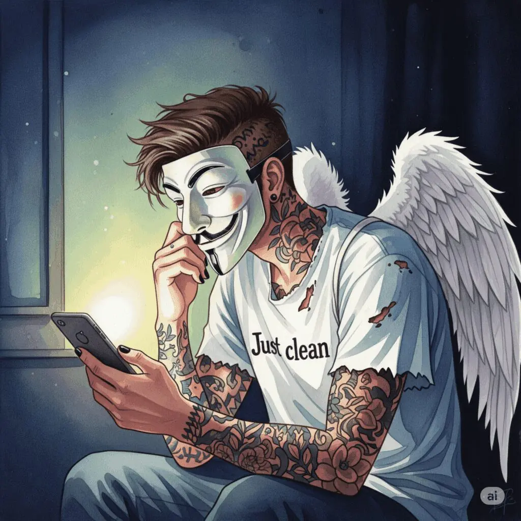 Ein Foto einer Person, die nachts allein in einem dunklen Raum sitzt und nur vom Licht ihres Smartphones erhellt wird. Ihr Gesichtsausdruck ist nachdenklich und einsam. "allein mit Sucht", "nächtliche Gedanken", "Hilfe suchen"