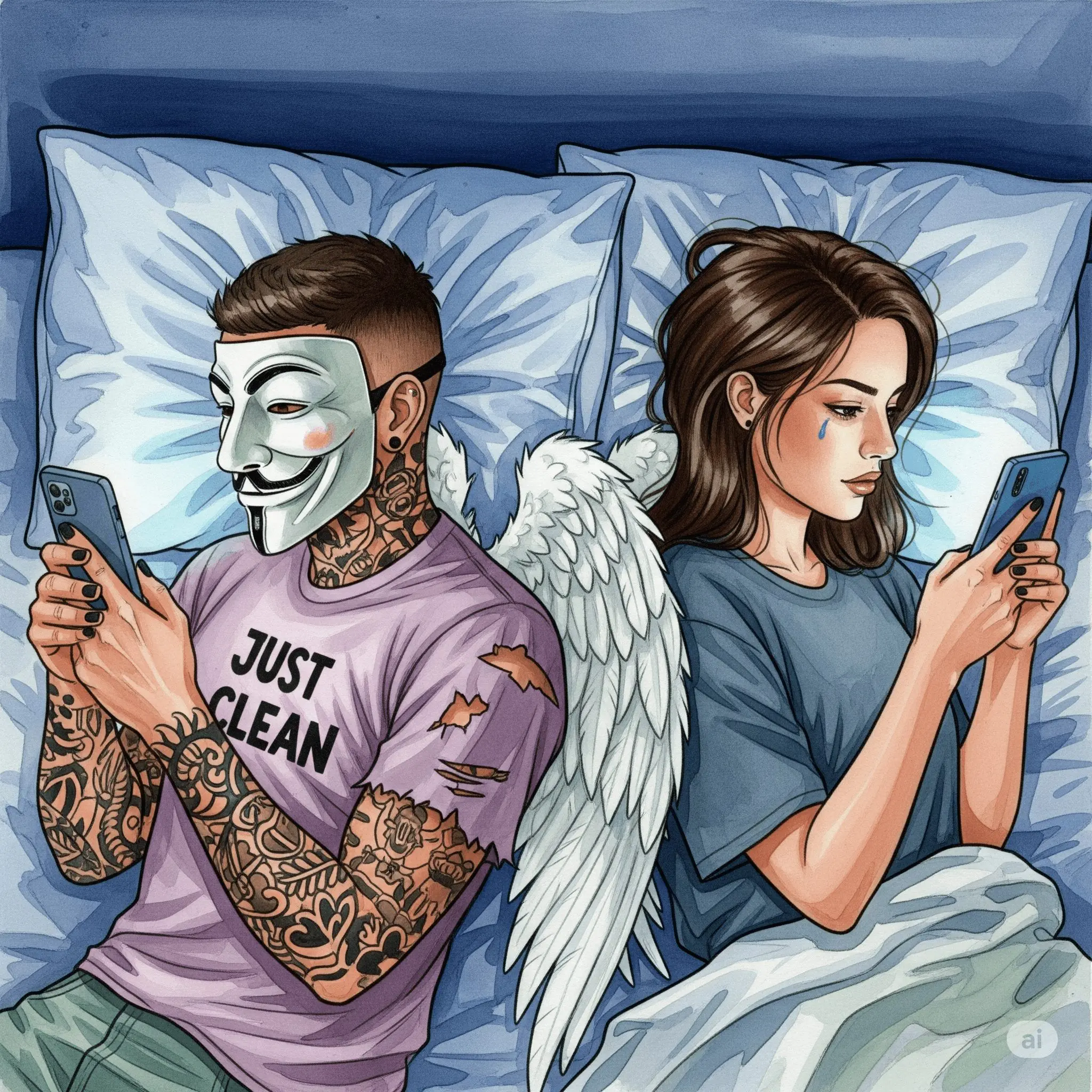 Ein Foto eines Paares, das im Bett oder auf dem Sofa Rücken an Rücken liegt. Jeder starrt auf sein eigenes leuchtendes Smartphone, das Gesicht vom kalten Licht des Bildschirms erhellt. Die Szene wirkt distanziert und einsam. "Handysucht in Beziehung", "emotionale Distanz", "digitale Welt"