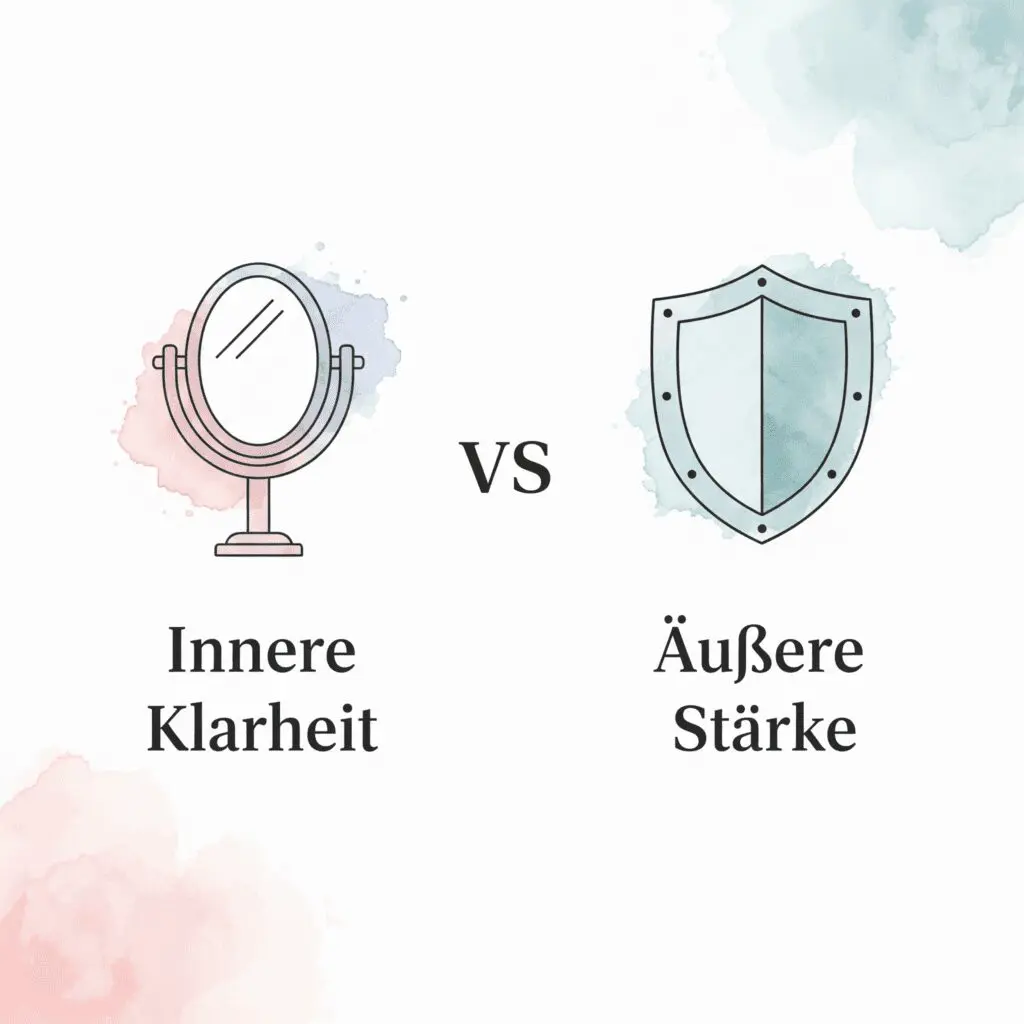 Eine saubere Grafik, die die beiden Tools gegenüberstellt. Links ein Spiegel-Icon mit der Aufschrift "Innere Klarheit". Rechts ein Schutzschild-Icon mit der Aufschrift "Äußere Stärke". "KI-Werkzeuge für mentale Gesundheit", "Resonanz-Dialog", "Dialog-Trainer"