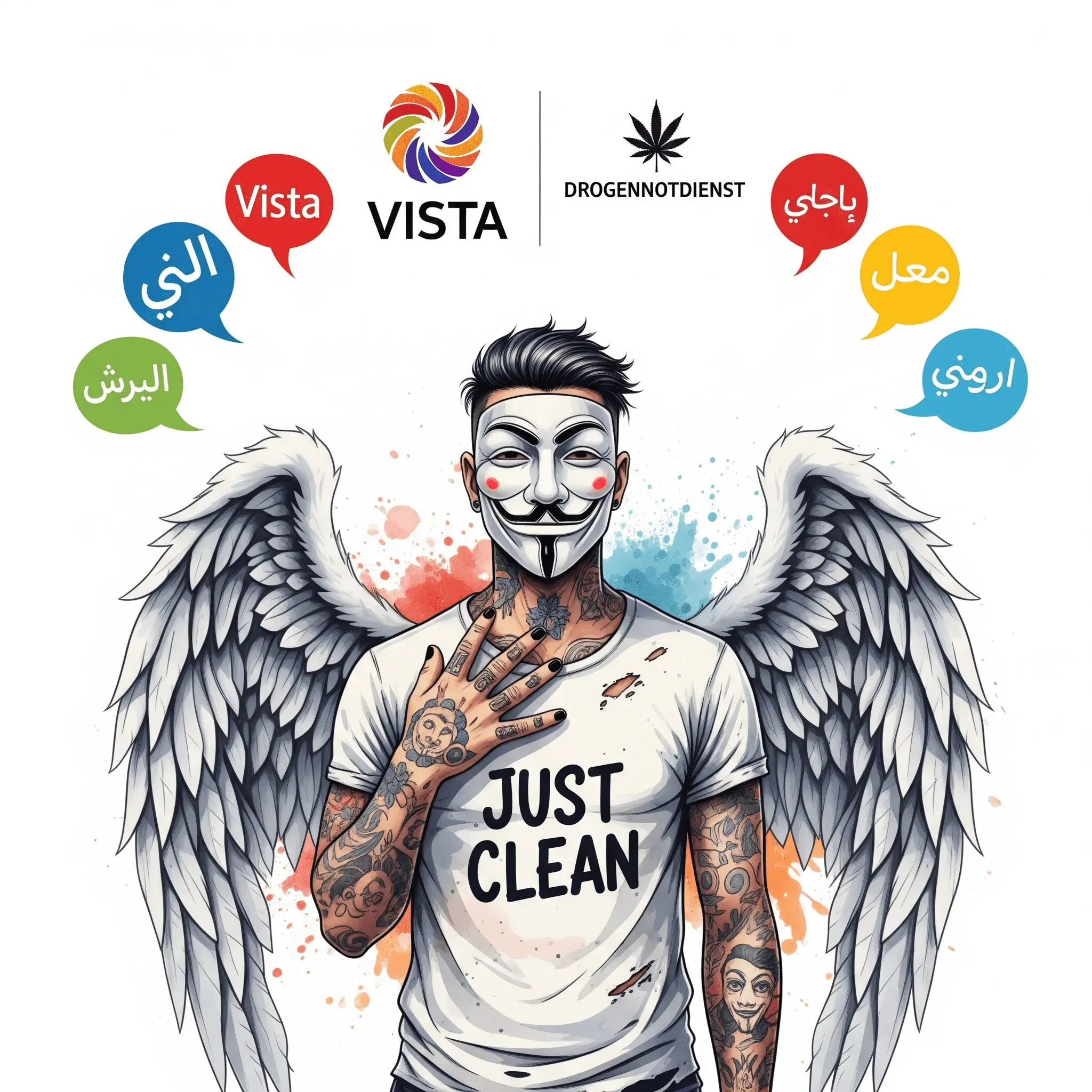 Eine Grafik mit den Logos von Vista und dem Drogennotdienst. Um die Logos herum sind Sprechblasen in verschiedenen Sprachen (DE, TR, AR, EN) zu sehen. Symbolisiert die mehrsprachige Hilfe. "kultursensible Suchthilfe", "Beratung auf Türkisch", "anonyme Drogenberatung"