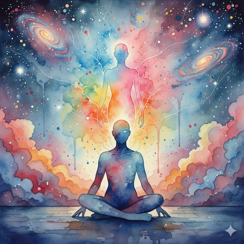 Künstlerische Darstellung des dissoziativen Effekts von DXM, bei dem sich der Geist vom Körper zu trennen scheint.