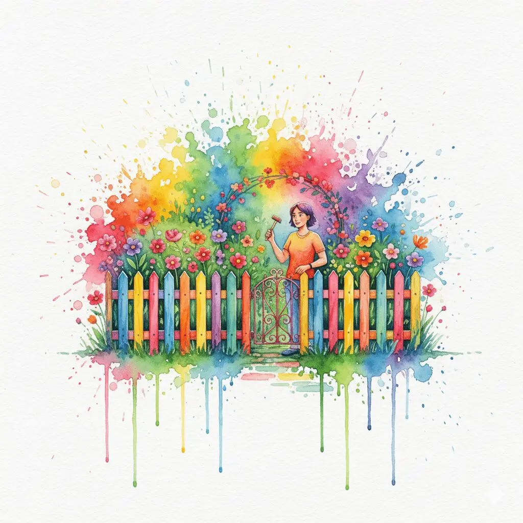 Eine Person baut einen schützenden Zaun um ihren Garten, als Symbol für das Erlernen von gesunden Grenzen und Selbstschutz in der Recovery.