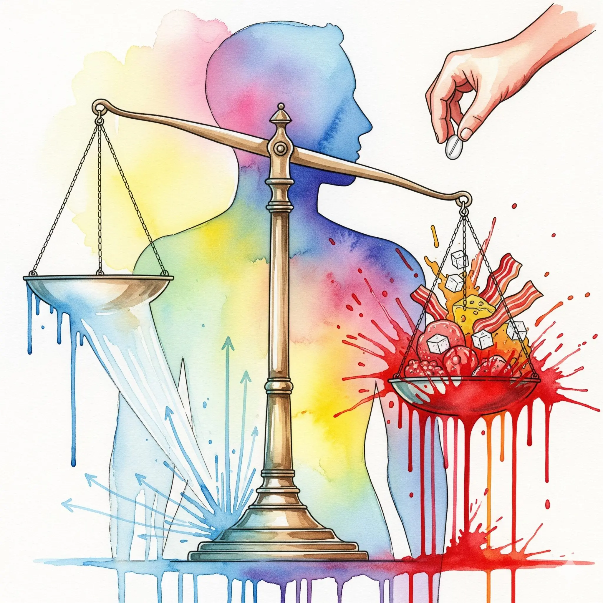 Symbolische Darstellung des metabolischen Syndroms durch Quetiapin, bei dem der Stoffwechsel für Zucker und Fett aus dem Gleichgewicht gerät.