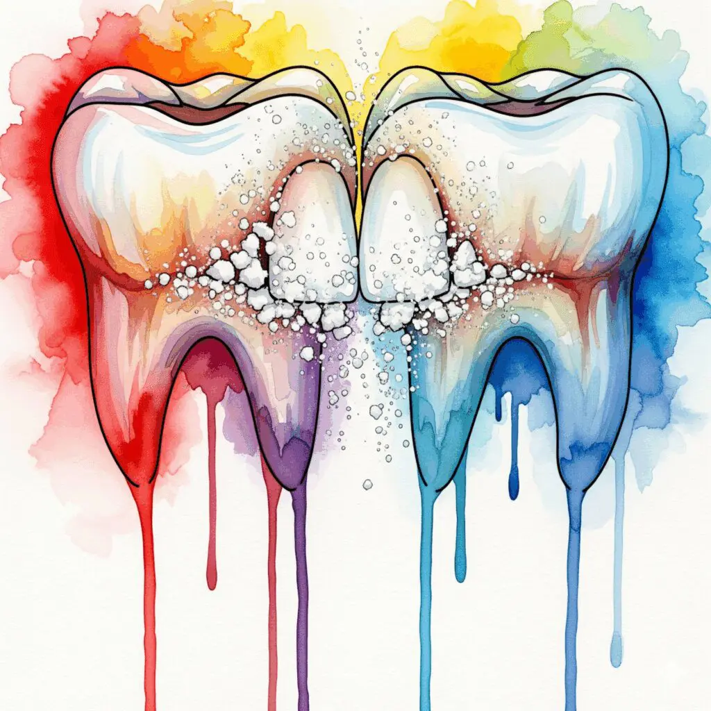 Künstlerische Darstellung der Zahnschäden durch Bruxismus, gezeigt als zwei Zähne, die sich gegenseitig wie Mahlsteine abreiben und Zahnschmelz verlieren.