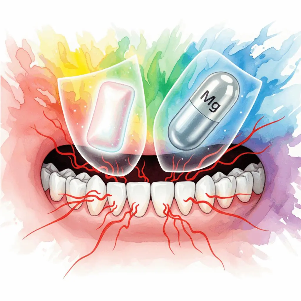 Symbolische Darstellung von Safer-Use-Maßnahmen gegen Zähneknirschen, bei der Kaugummi und Magnesium die Zähne schützen.