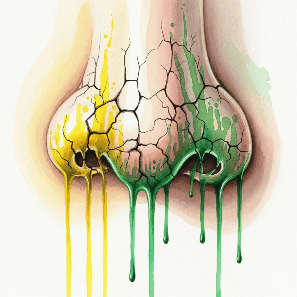 Symbolische Darstellung der Zerstörung der Nasenschleimhaut und Nasenscheidewand durch das Sniefen von Speed, gemalt in aggressiven Watercolor-Farben.