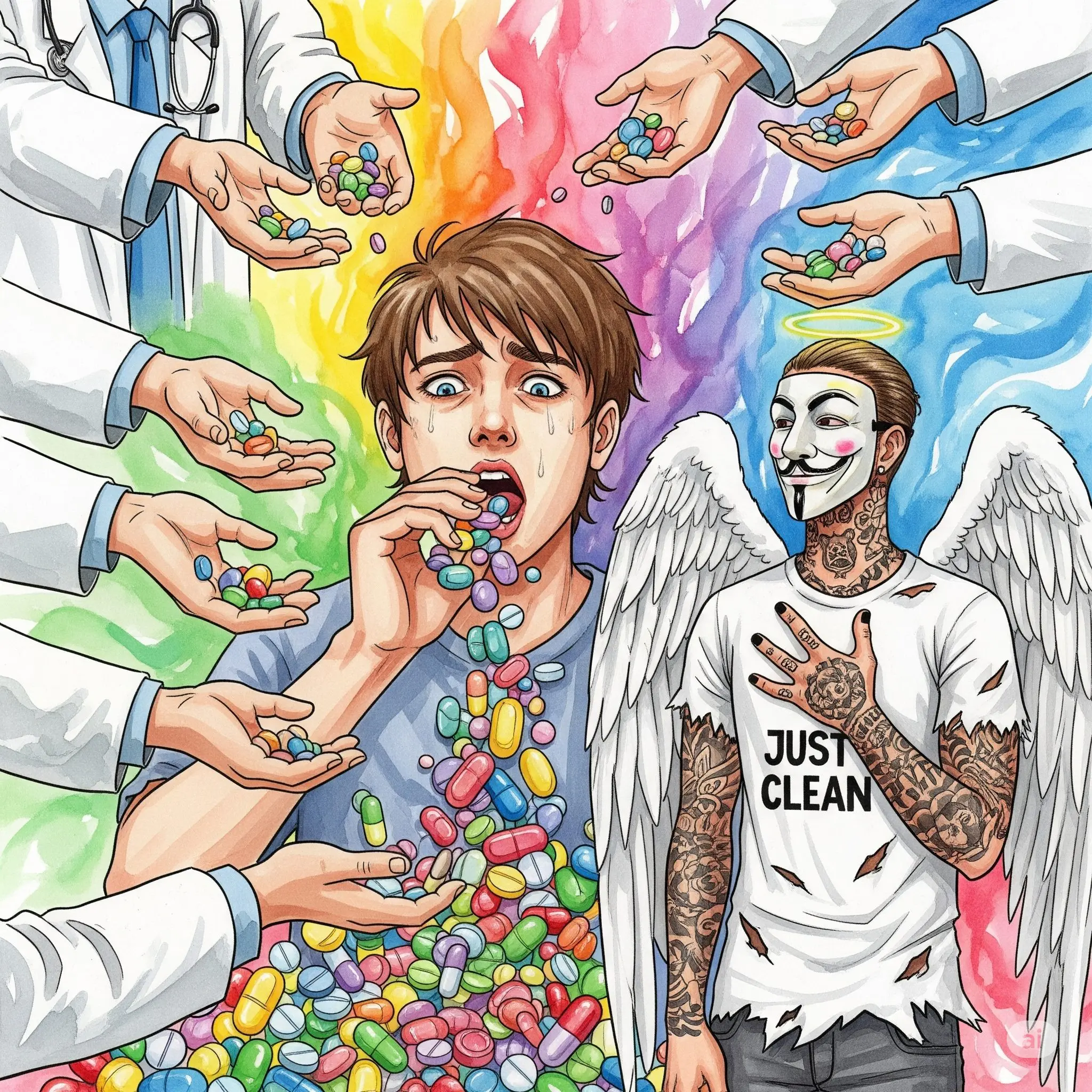 Eine Grafik, die eine Person zeigt, die von verschiedenen Seiten von Ärzten Pillen gereicht bekommt. Die Person ist bereits dabei, eine Handvoll verschiedener, bunter Pillen zu schlucken und sieht überfordert aus.  "Polypharmazie erklärt", "zu viele Medikamente", "Medikamenten-Cocktail"