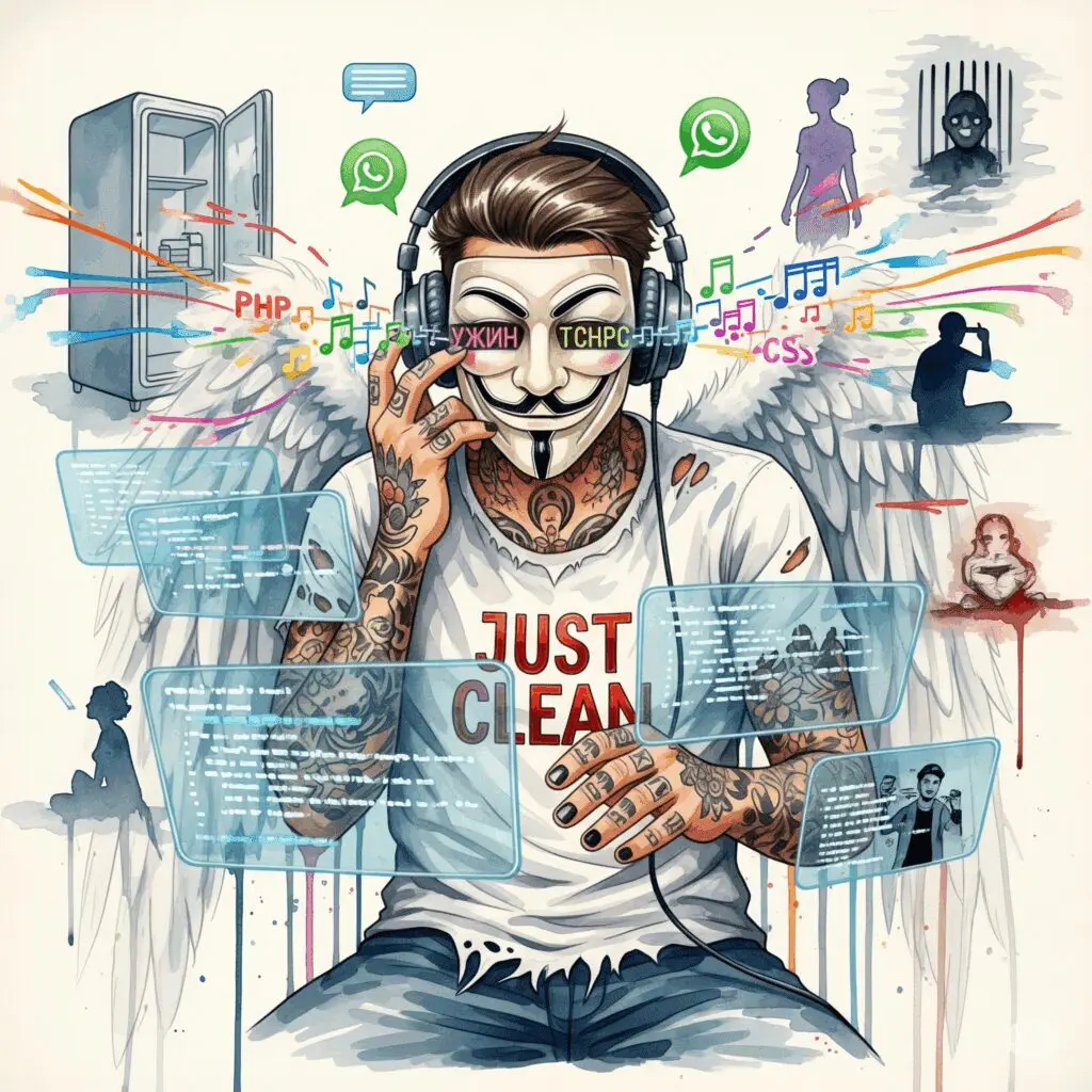 Arbeitssucht Programmieren Code kyrillisch Techno Realitätsflucht KI PHP JS CSS Kopfhörer Probleme ausblenden