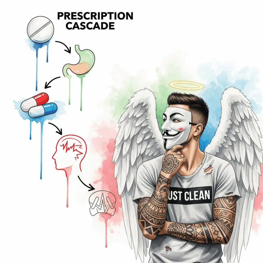 Eine stilisierte Grafik einer "Verschreibungskaskade". Oben startet eine Pille, die eine Nebenwirkung (z.B. Magen-Symbol) auslöst. Ein Pfeil zeigt auf die nächste Pille, die diese Nebenwirkung behandeln soll, aber eine neue Nebenwirkung (z.B. Kopfschmerz-Symbol) auslöst, und so weiter.  "Verschreibungskaskade", "Nebenwirkungen von Medikamenten", "Medikamentensicherheit"