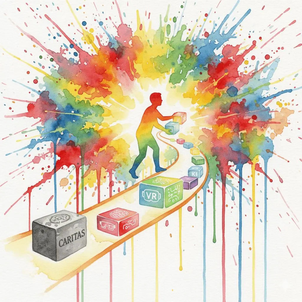 Eine Person baut ihren eigenen Weg aus alten (Therapie) und neuen (KI, VR, Mindset) Bausteinen. Symbol für die individuelle Recovery der Zukunft.