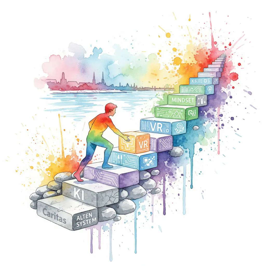 Eine Person baut ihren eigenen Weg aus alten (Therapie) und neuen (KI, VR, Mindset) Bausteinen. Symbol für die individuelle Recovery der Zukunft.