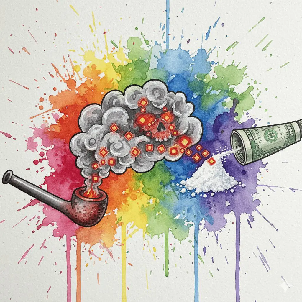 Gestrecktes Kokain/Crack mit rot leuchtenden Fentanyl/Nitazen-Partikeln. Symbol für die unsichtbare Überdosis-Gefahr in der Dortmunder Szene.