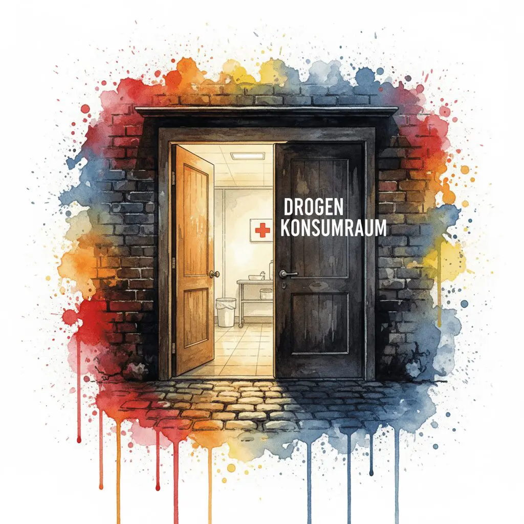 Eine Tür zu einem sauberen Drogenkonsumraum öffnet sich. Symbol für den progressiven Schritt der Stadt Duisburg.