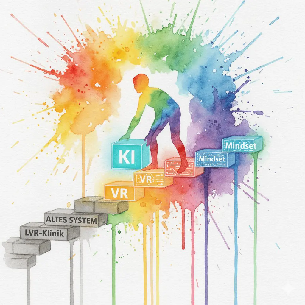 Eine Person baut ihren eigenen Weg aus alten (Therapie) und neuen (KI, VR, Mindset) Bausteinen. Symbol für die individuelle Recovery der Zukunft.