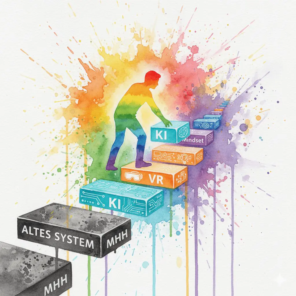 Eine Person baut ihren eigenen Weg aus alten (Therapie) und neuen (KI, VR, Mindset) Bausteinen. Symbol für die individuelle Recovery der Zukunft.