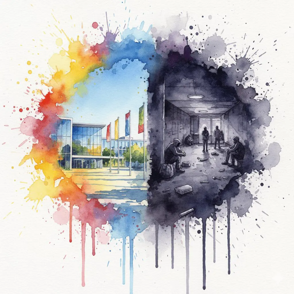 Geteiltes Bild: Links die saubere Hannover-Messe, rechts die harte Drogenszene am Raschplatz. Symbol für die zwei Gesichter der Stadt.