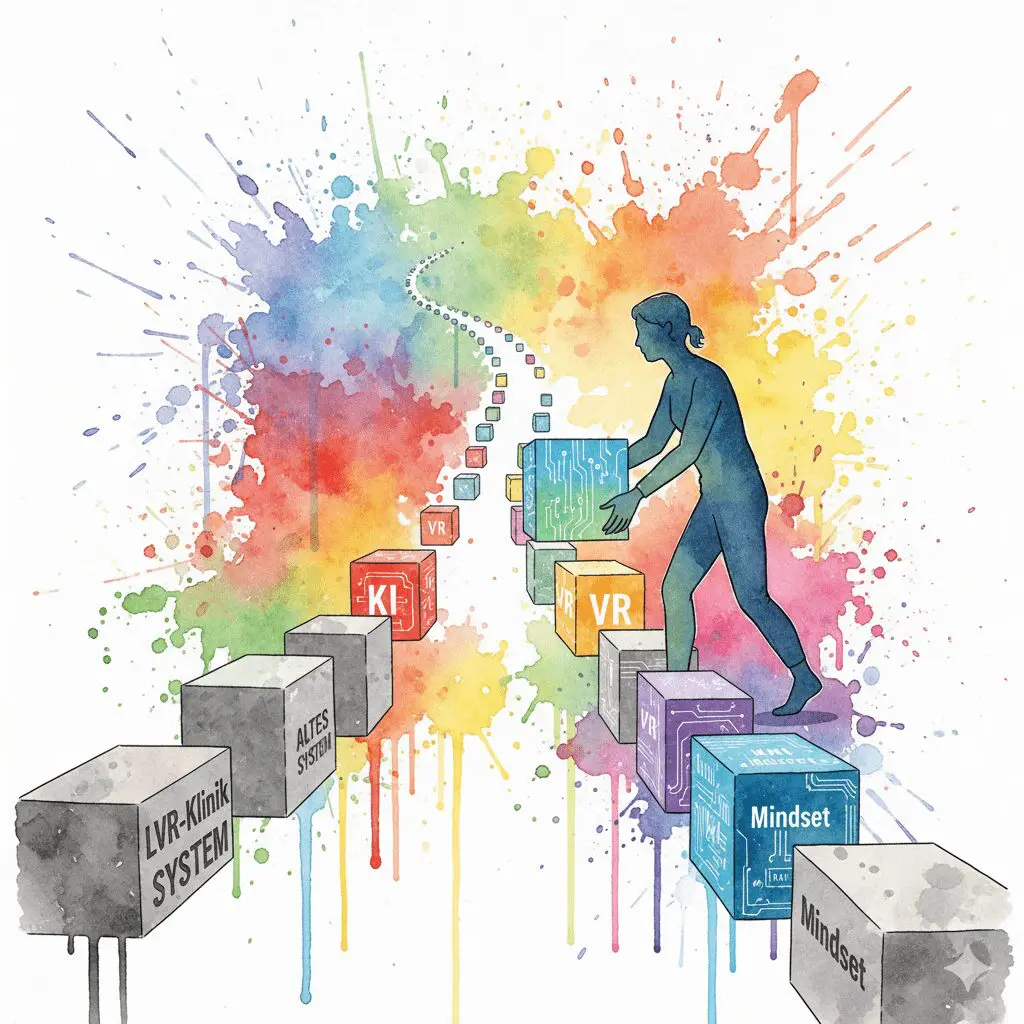 Eine Person baut ihren eigenen Weg aus alten (Therapie) und neuen (KI, VR, Mindset) Bausteinen. Symbol für die individuelle Recovery der Zukunft.