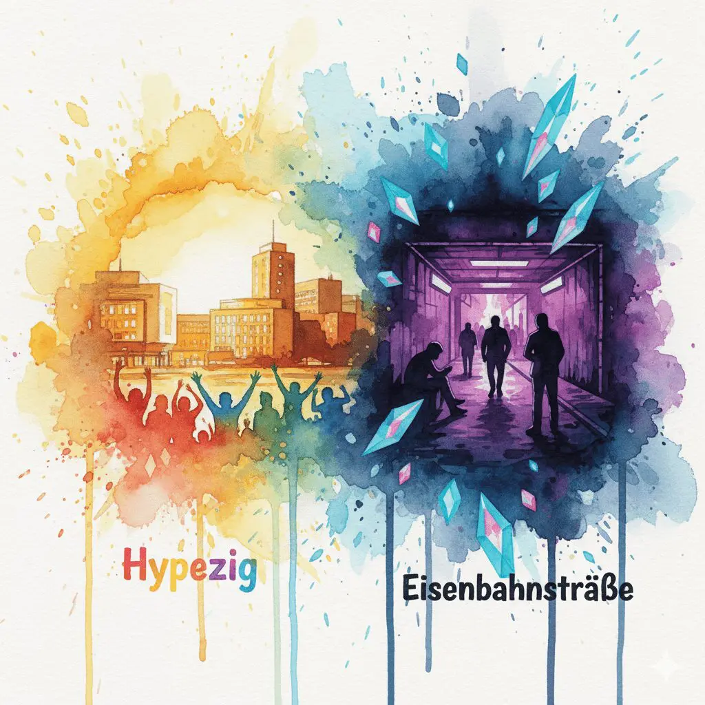 Geteiltes Bild: Links das moderne Leipzig, rechts die harte Crystal-Szene in der Eisenbahnstraße. Symbol für die zwei Gesichter der Stadt.