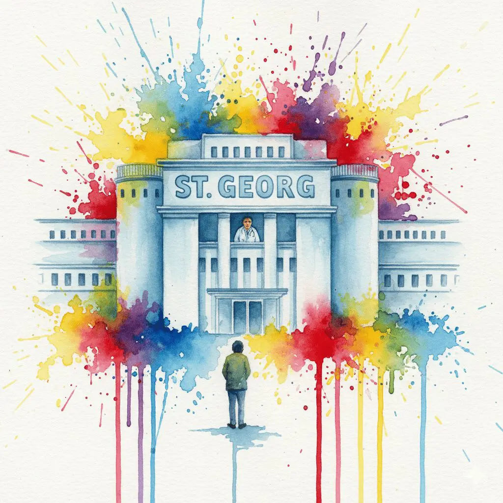 Ein Süchtiger steht zögernd vor einer riesigen Klinik-Festung. Symbol für die "Weißkittel-Hürde" im Leipziger System.