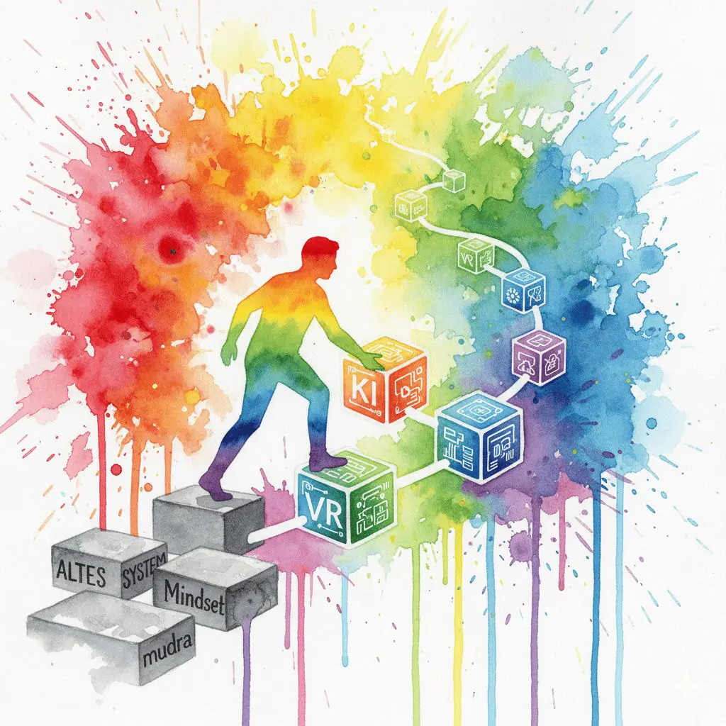 Eine Person baut ihren eigenen Weg aus alten (Therapie) und neuen (KI, VR, Mindset) Bausteinen. Symbol für die individuelle Recovery der Zukunft.