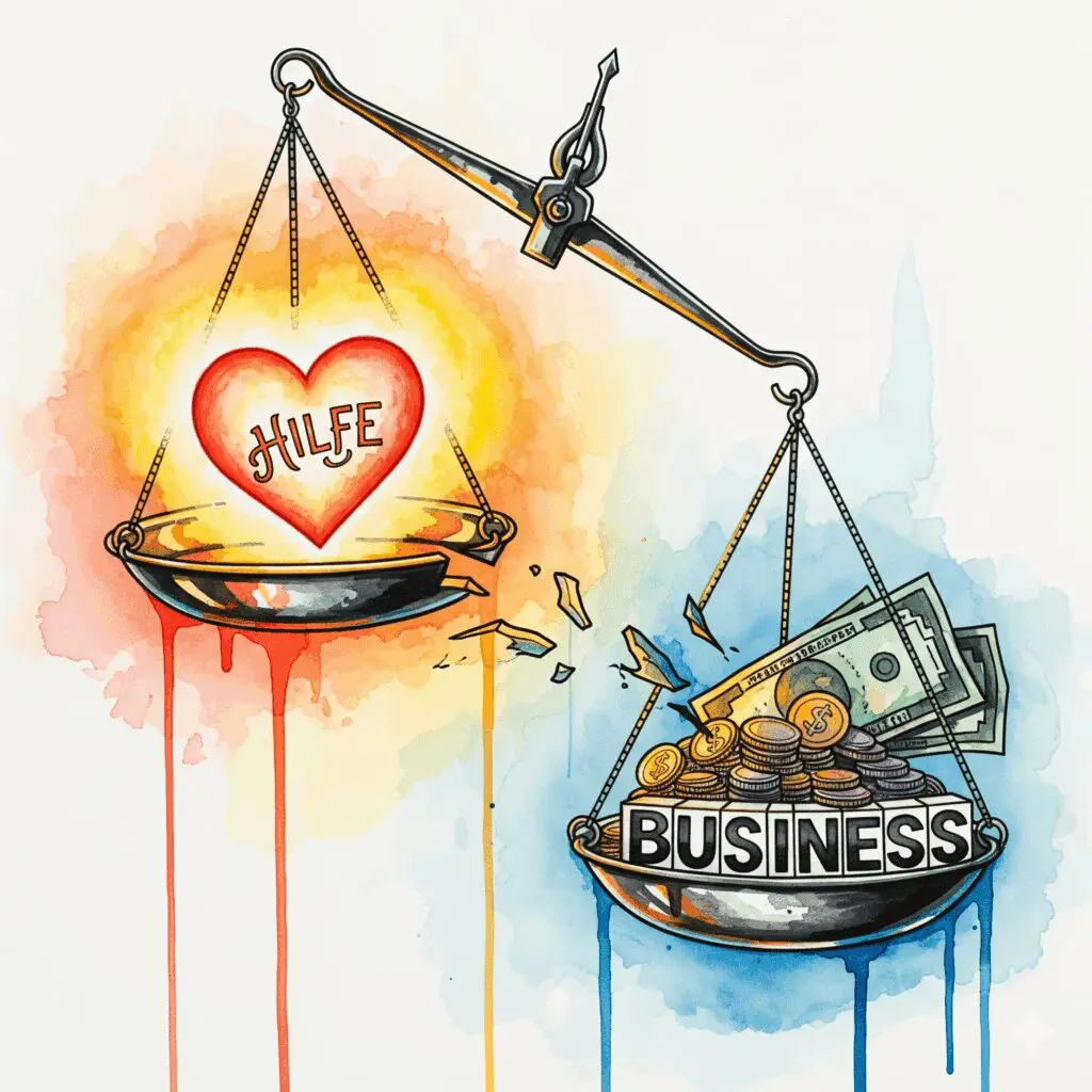 Eine zerbrochene Waage, die den Konflikt zwischen authentischer Hilfe (Herz) und kommerziellen Interessen (Geld) in der Recovery-Öffentlichkeit symbolisiert.