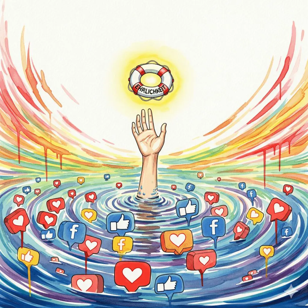 Eine Person ertrinkt in Social-Media-Symbolen, als Metapher für den Druck, dem Recovery-Influencer ausgesetzt sind, und den Verlust der Authentizität.