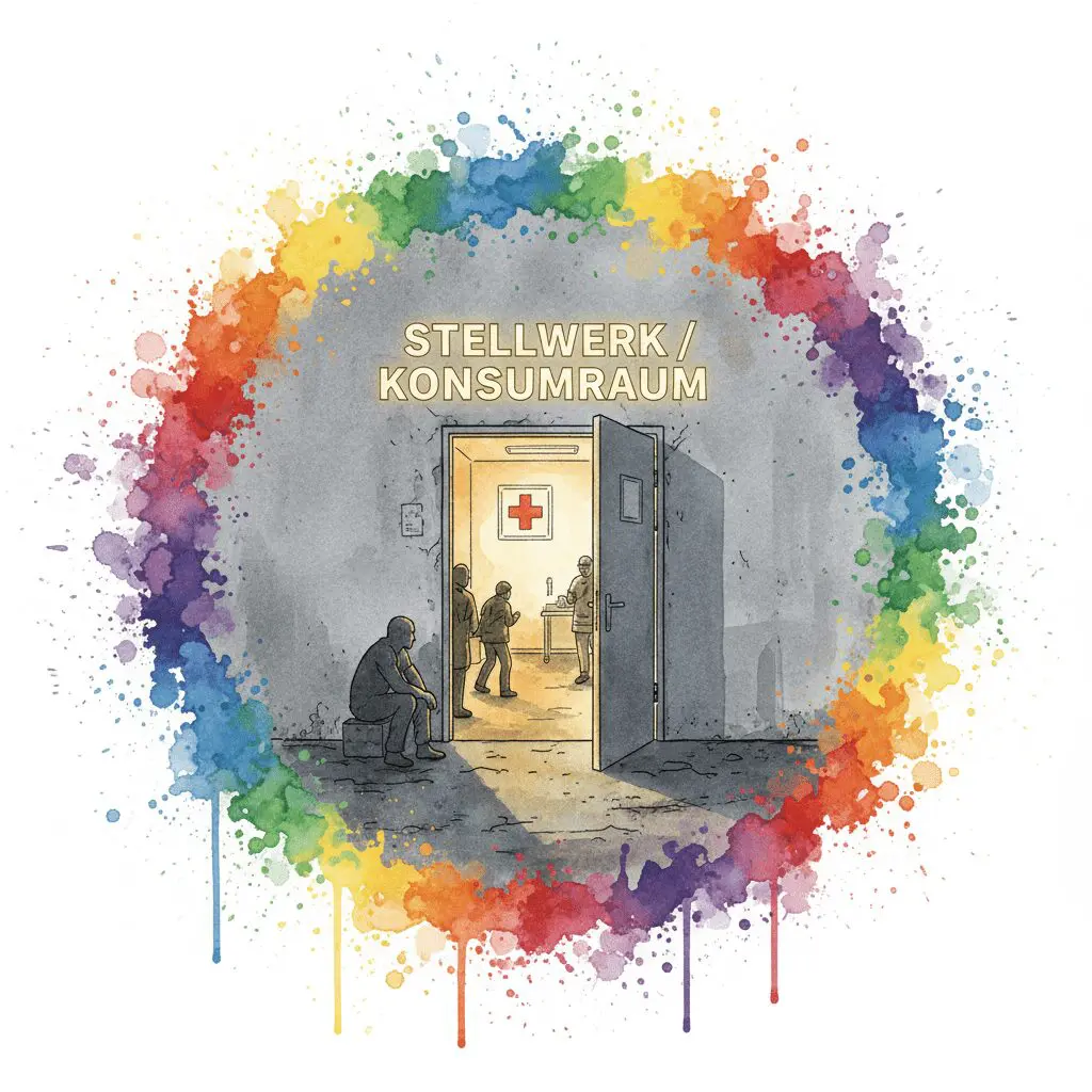 Der Drogenkonsumraum "Stellwerk" als sicherer Hafen in der grauen Betonwüste. Symbol für Überlebenshilfe.