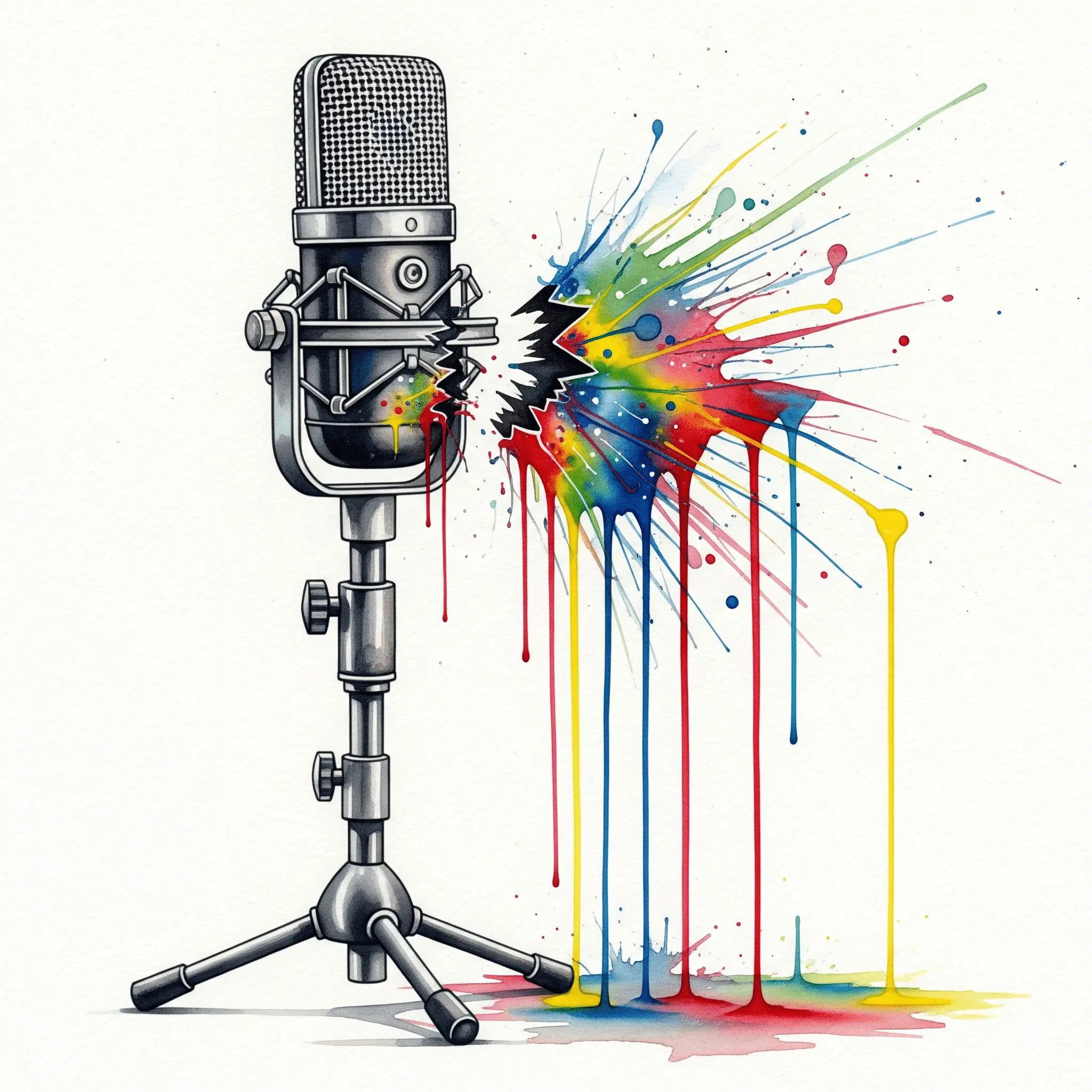 Ein zerbrochenes Mikrofon, aus dem bunte Farben quellen, als Symbol für das abrupte und konfliktreiche Ende des Podcasts "Sucht & Süchtig" und die enthüllte Wahrheit.