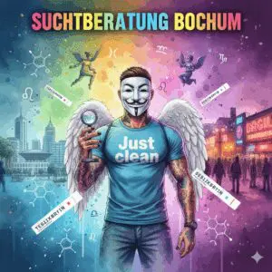 Titelbild "Suchtberatung Bochum". NeelixberliN Figur prüft mit Mikroskop die gespaltene Stadt (Uni vs. Springerplatz). Fentanyl-Symbole schweben im Bild.
