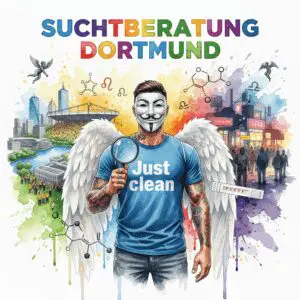 Titelbild "SUCHTBERATUNG DORTMUND". Die NeelixberliN-Figur hält eine Lupe vor die geteilte Skyline von Dortmund (Signal Iduna Park vs. Nordstadt-Drogenszene). Crack- und Fentanyl-Symbole schweben im Bild.