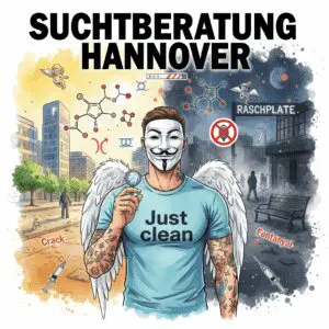 Titelbild "SUCHTBERATUNG HANNOVER". Die NeelixberliN-Figur hält eine Lupe vor die geteilte Skyline von Hannover (Messe vs. Raschplatz-Drogenszene). Crack- und Fentanyl-Symbole sowie ein durchgestrichenes Drugchecking-Symbol schweben im Bild.