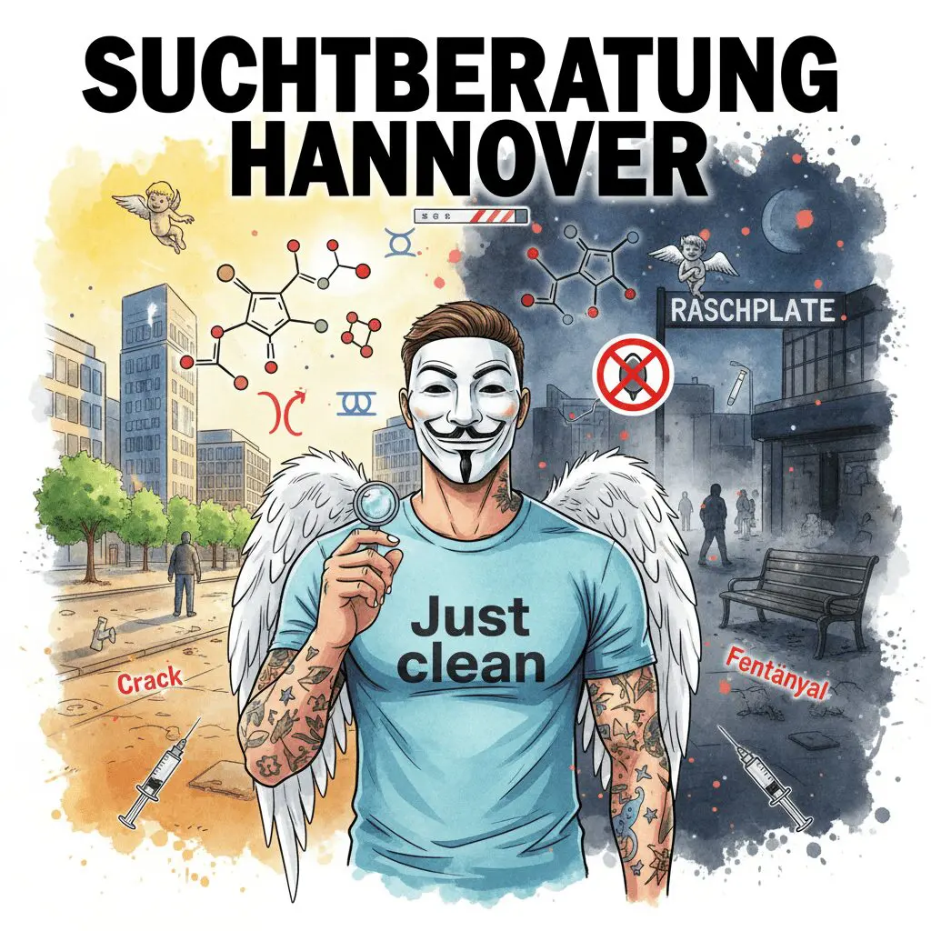 Titelbild "SUCHTBERATUNG HANNOVER". Die NeelixberliN-Figur hält eine Lupe vor die geteilte Skyline von Hannover (Messe vs. Raschplatz-Drogenszene). Crack- und Fentanyl-Symbole sowie ein durchgestrichenes Drugchecking-Symbol schweben im Bild.
