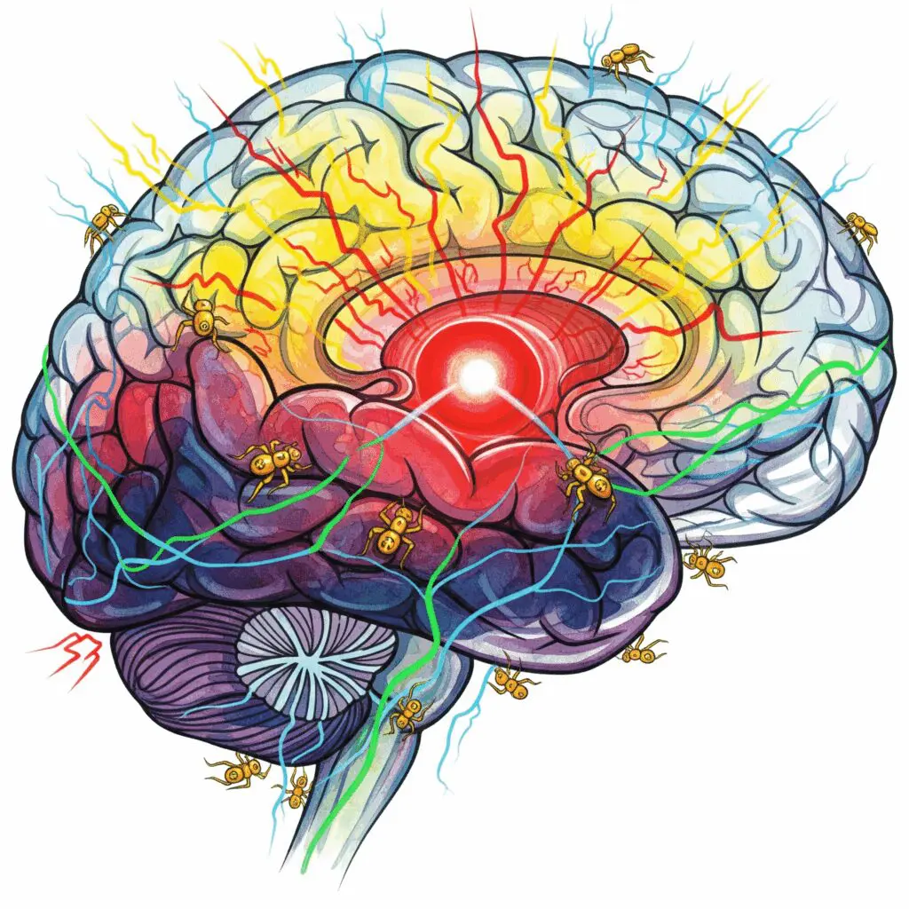 Angst Gehirn Amygdala Performance Angst Neurobiologie Recovery transparentes Gehirn Querschnitt pulsierend Sirene Reparatur-Bots