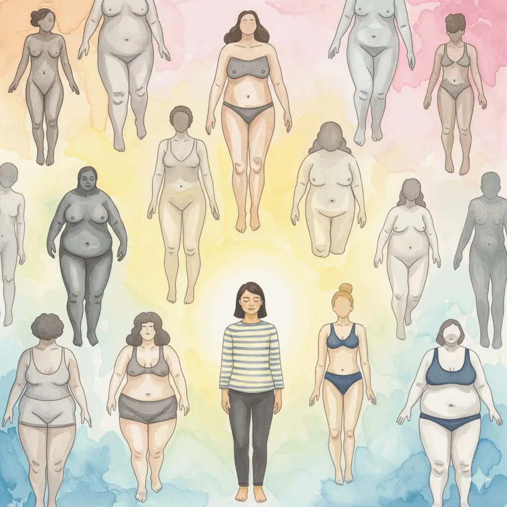 Person mit geschlossenen Augen, umgeben von verschiedenen Körperformen in neutralen Tönen - Body Neutrality Konzept