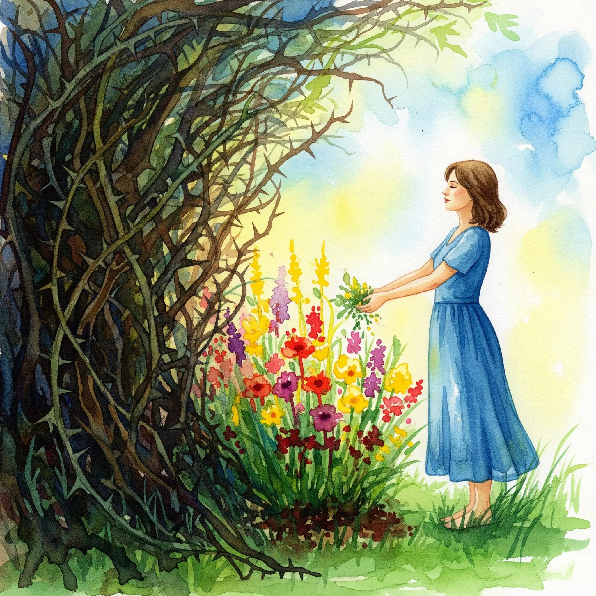 Eine Frau, die sich von Dornen befreit hat und ihren eigenen Garten pflegt, als Symbol für die Heilung von Co-Abhängigkeit durch den Fokus auf die eigene Person.