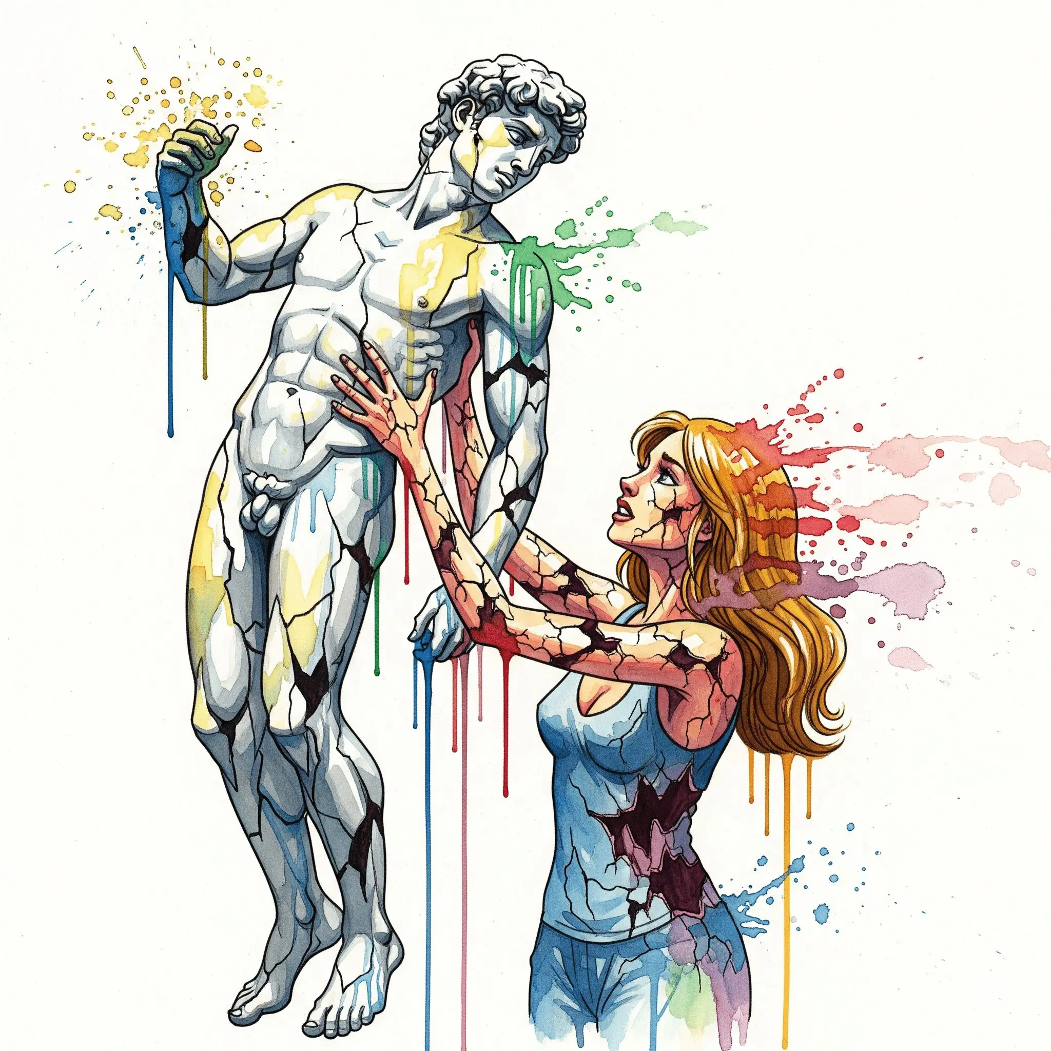 Eine zerfallende Frau, die eine bröckelnde Statue stützt, als Symbol für die Selbstaufgabe und den Selbstverlust in einer co-abhängigen Beziehung mit einem Süchtigen.