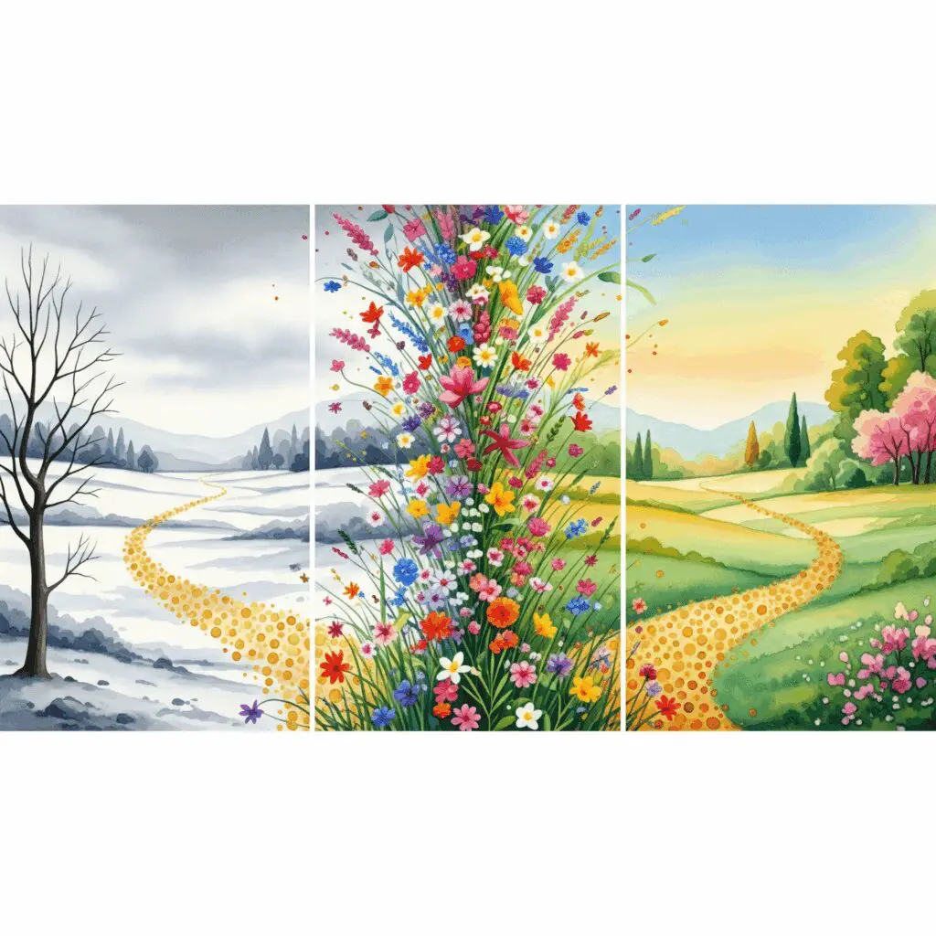 Drei Phasen sexuelle Recovery Abstinenz Erkundung Integration Winter Frühling Sommer Landschaften goldener Pfad