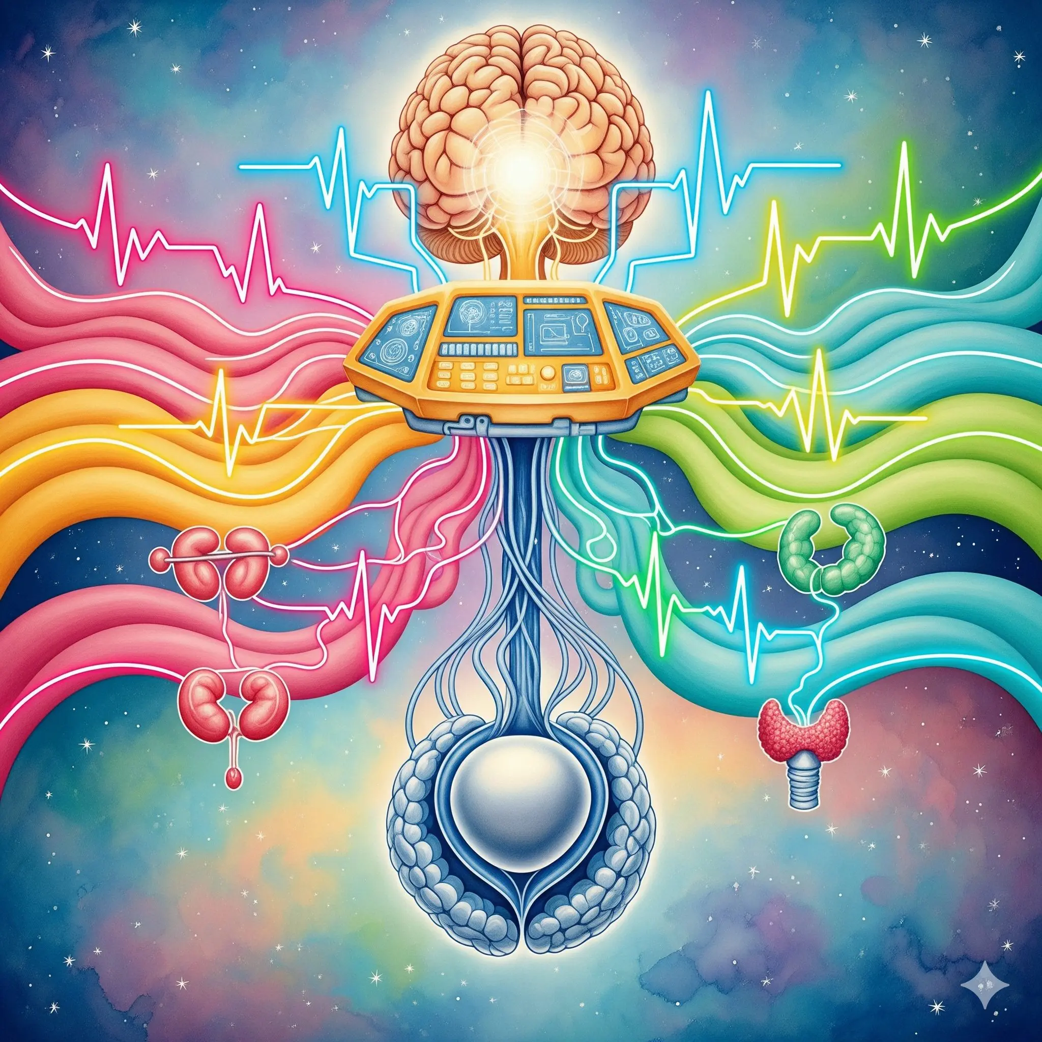 Endokrines Kommandozentrum Hypothalamus Hypophyse Hormon Steuerung futuristisch goldene Zentrale Satellit Datenströme