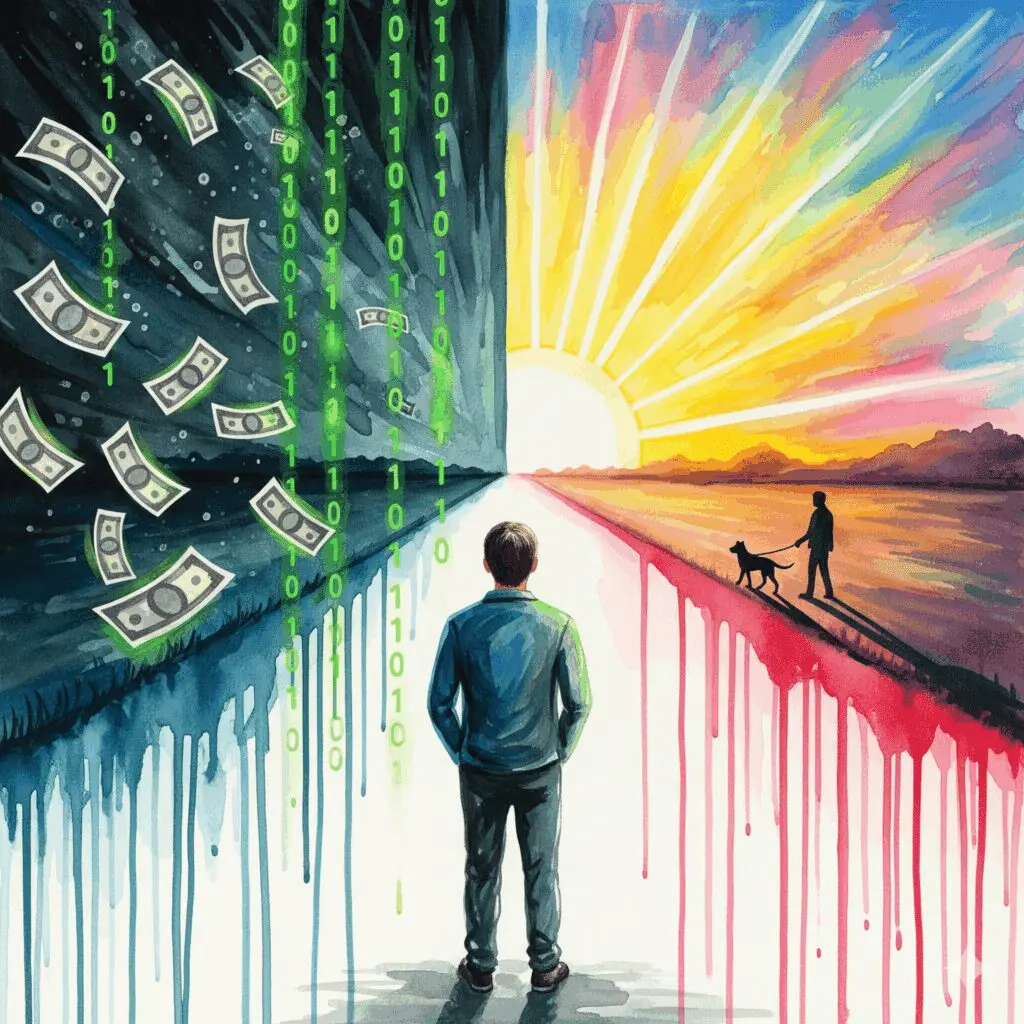 Eine Person am Scheideweg zwischen einem dunklen Pfad der Kriminalität und einem hellen Pfad der ehrlichen Genesung, gemalt in tropfenden Wasserfarben.