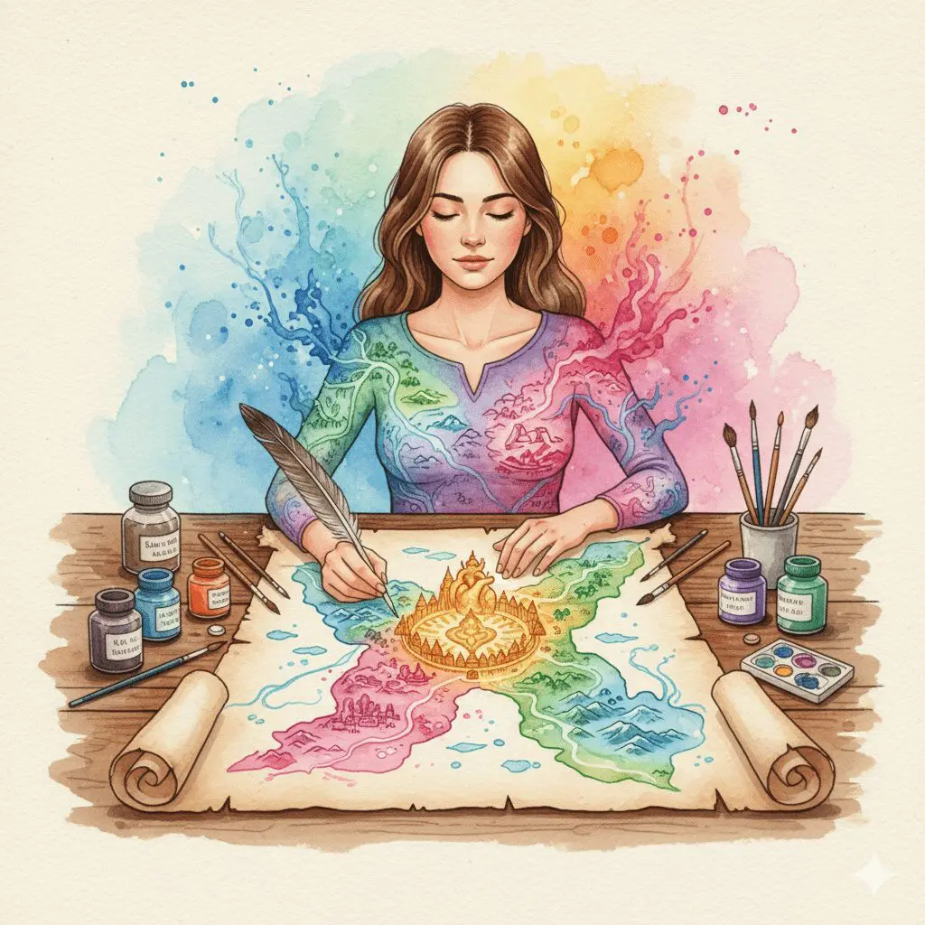 Eine Frau zeichnet ihre eigene Landkarte, als Symbol für die Selbstermächtigung durch das Wissen um die eigene, einzigartige Biologie und Psychologie in der Recovery.