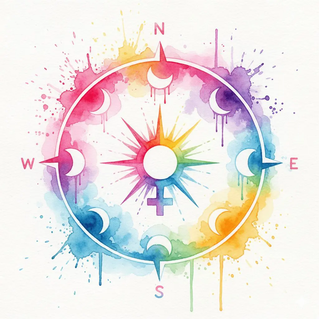 Ein Kompass mit einem weiblichen Symbol und den Phasen des Menstruationszyklus, als Symbol für die Notwendigkeit, in der Recovery auf die eigene, weibliche Biologie zu achten.